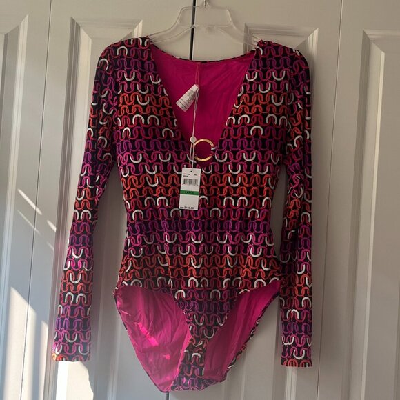 NWT Trina Turk Echo Long Sleeve Ring Front  Paddle Suit, Multi-Color, Large - Picture 3 of 8